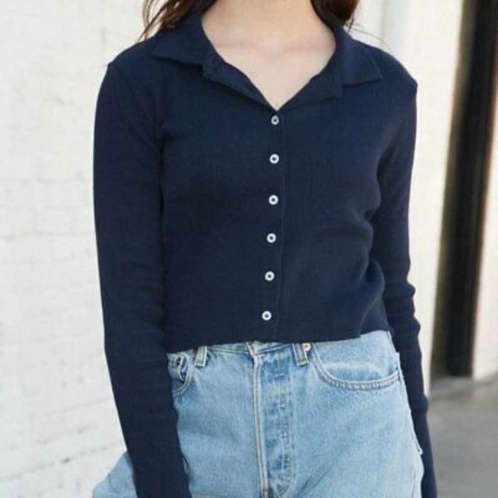 Brandy Navy Collar Button Up Ribbed Top